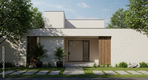 Modern Minimalist House with Flat Roof and Stone Walkway