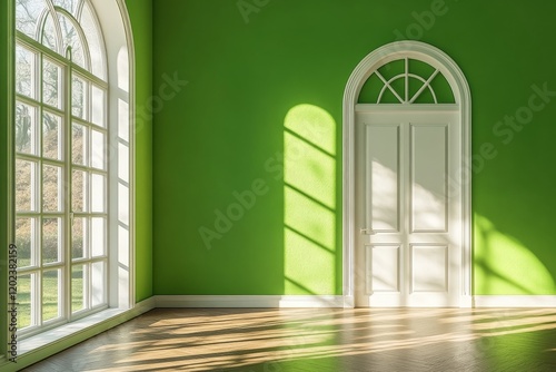 Elegant interior hallway with green walls and white door in modern style design