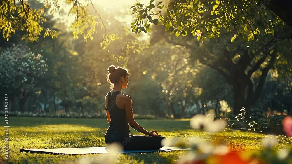 In the serene morning light, a woman practices yoga outdoors, seeking balance and calm amidst the beauty of nature with trees and flowers around her.