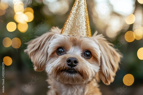 Cute dog wearing a party hat with golden decorations on a cozy bed during a f...