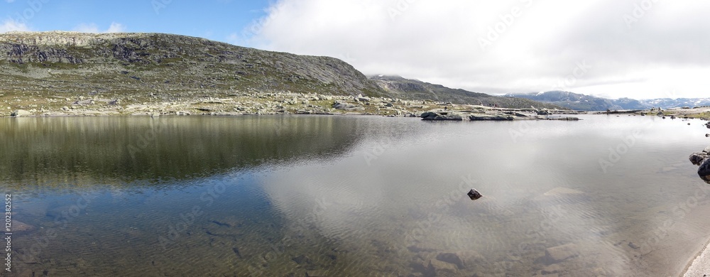 Panorama of clear water lake on trail to Trolltunga, Norway