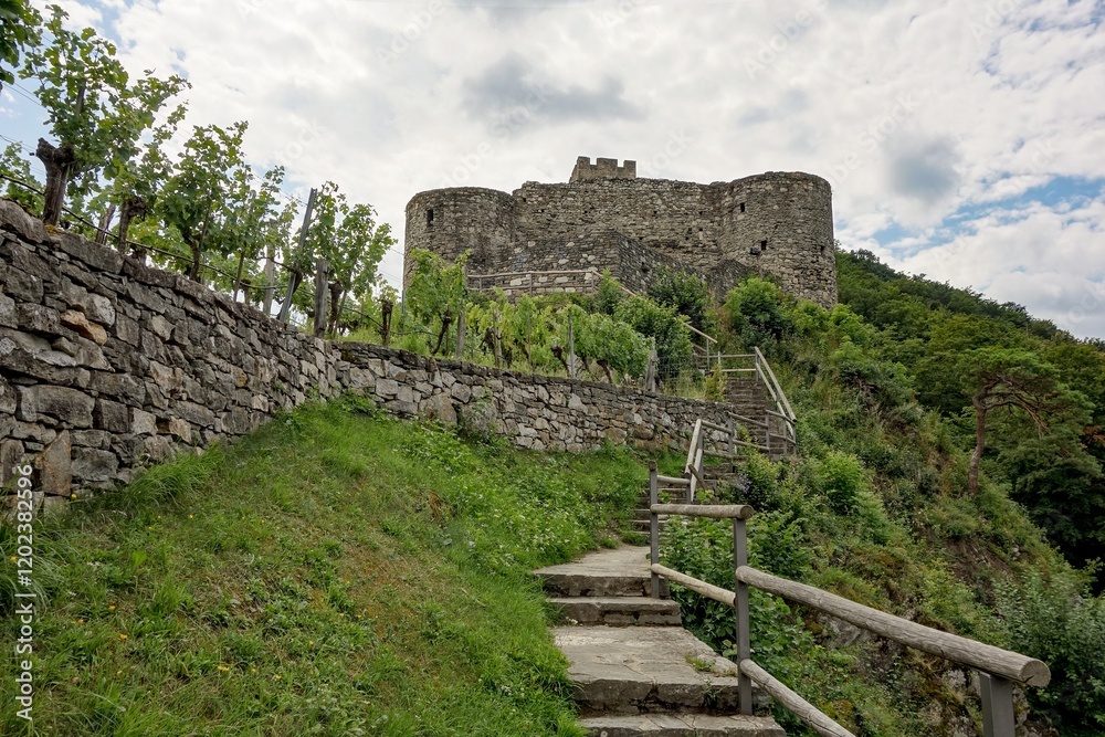 Staircase to Hinterhaus stone castle ruins in Spitz, Austria