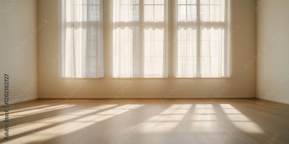 Obraz premium Empty sunny room interior with windows and fabric curtains, moving, rented space