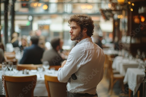 Young man standing with arms crossed in busy downtown cafe during evening hours