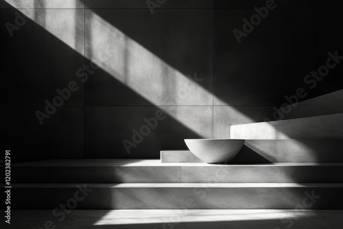 Modern concrete staircase in an abstract architectural space with dramatic li...