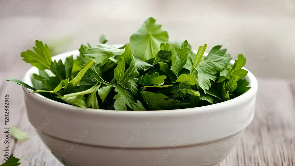 Fresh green parsley leaves arranged in a white bowl on a rustic wooden table Fresh green parsley leaves arranged in a white bowl on a rustic wooden table