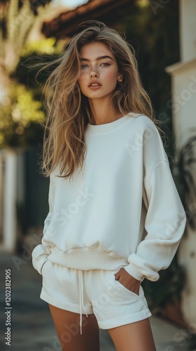 Elegant young woman in casual white outfit enjoying outdoor surroundings on a...