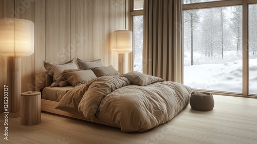 Scandinavian-inspired bedroom featuring light birch panels and bed dressed in oatmeal-colored linens photo