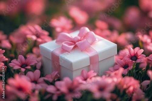 Wrapped gift box surrounded by pink flowers in a vibrant garden setting
