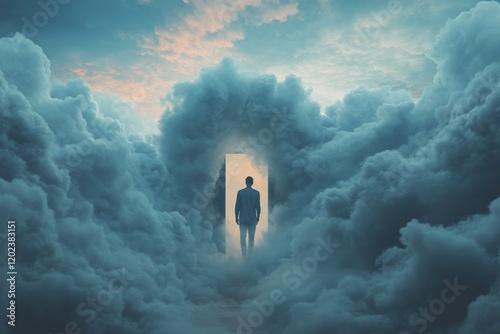 Surreal figure stands before mysterious portal in a cloud-filled landscape at...