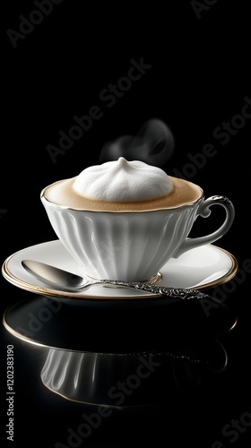 Rich coffee with frothy cream and sprinkle of spice on marble table near a wi...