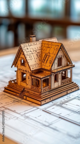 Intricate wooden model house displaying architectural details on blueprint ba...