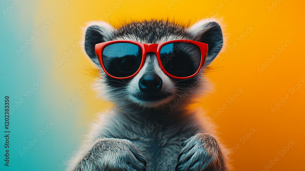Fototapeta premium Raccoon wearing red sunglasses poses against a vibrant background