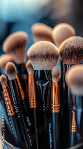 Makeup brushes collected in a close-up display showcasing various shapes and ...