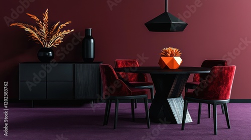 sleek dining arefeaturing black walnut table and ruby red chairs near charcoal cabinet against deep burgundy wall photo