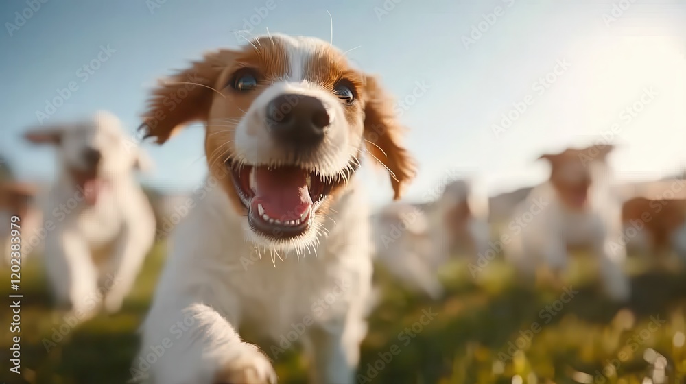 A joyful dog with a wide smile dashes through a vibrant park, perfectly capturing the essence of playfulness and the joy of a sunny day spent outdoors with furry friends.