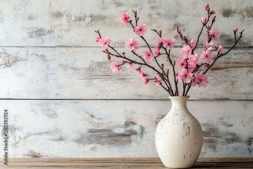 Beautiful pink flowers in a vase by a window with sunlight filtering through ...