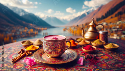 traditional kashmiri herbal pink tea also known in india as kahwa or kehwa tea, saffron milk tea, masala chai, Kashmiri Chai, popular welcome drink of kashmir himalayan valley