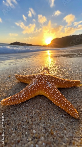 Starfish on the beach at sunset with colorful sky and gentle waves