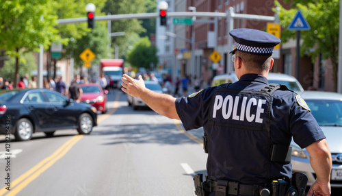 Police officer directing traffic in urban street