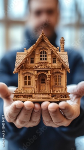 Wooden model house held by a person showcasing craftsmanship and attention to...