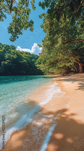 Calm turquoise waters lap against a serene sandy shore surrounded by lush gre...
