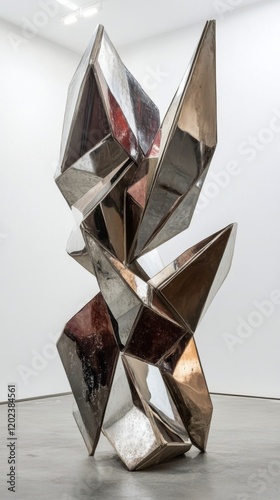 Modern abstract sculpture displayed in an art gallery with a natural backdrop...