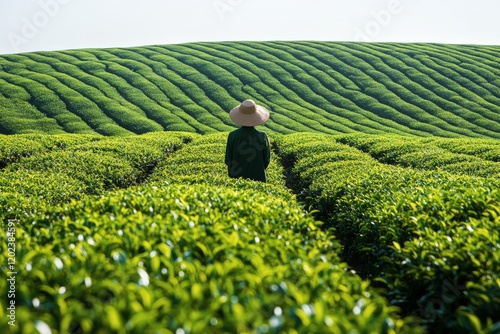 Green tea fields where a farmer tends to crops under bright sunlight