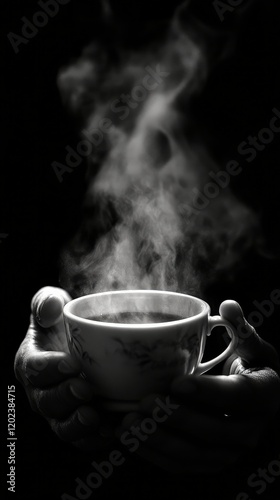 Warm cup of steaming tea held in hands against a dark background