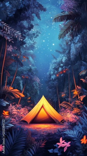 Night campsite under the full moon in a serene forest setting with stars illu...