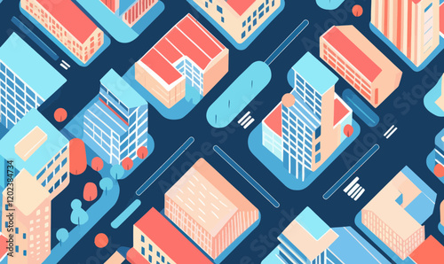 Vector Aerial Cityscape Illustration with Urban Buildings and Streets in Vibrant Colors