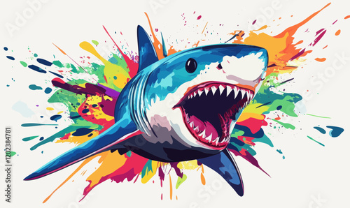 Colorful Minimalist Vector Shark with Dynamic Paint Splash Effect