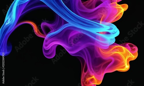 A colorful abstract design with swirling lines and shapes in various shades of blue, purple, pink, and orange against a black background.
