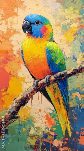 Colorful parrot perched on a branch amidst lush green leaves in a vibrant tro...