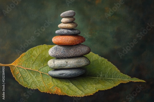 Stacked smooth stones balanced on a large green leaf creating a calming cente...