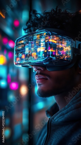 Immersive virtual reality experience with vibrant city visuals in urban setting