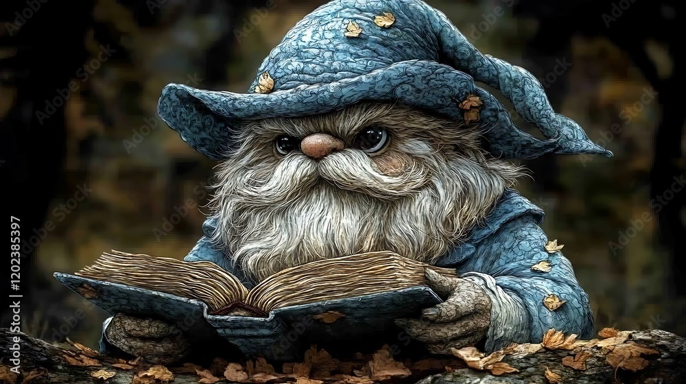 Naklejka premium A Wise Old Gnome Reads An Ancient Book In Autumn