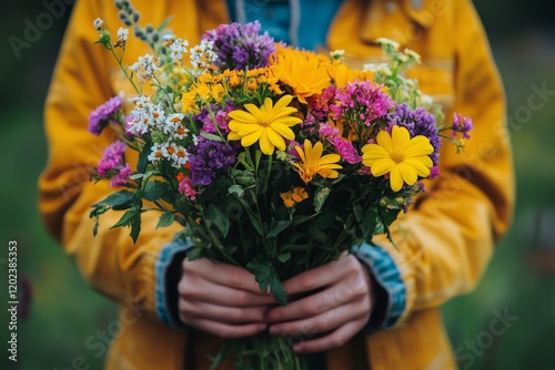 Vibrant bouquet of wildflowers held by a person in a yellow jacket in a lush ...