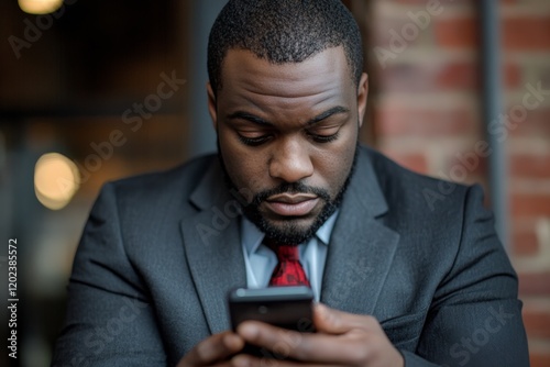 Businessman engrossed in phone while dressed in formal attire in urban setting