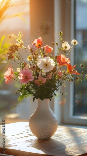 Beautiful white flowers in a vase brighten a cozy cafe setting during daytime