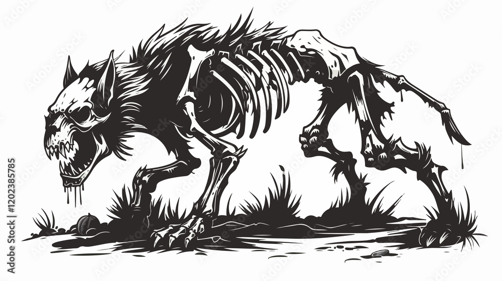 Fototapeta premium Decayed Halloween Angry Dog With Dried Skeleton