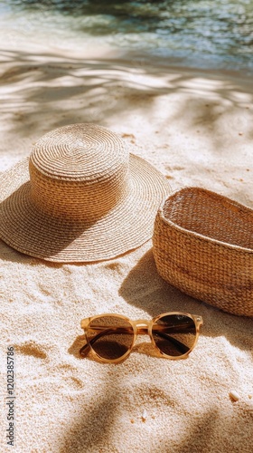 Stylish beach accessories on sandy surface with sunlight patterns