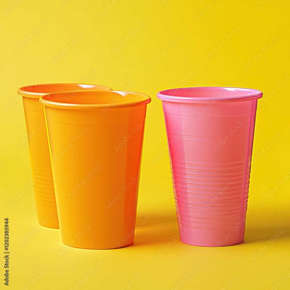 Three plastic cups with orange and pink drinks on a yellow background Three plastic cups with orange and pink drinks on a yellow background