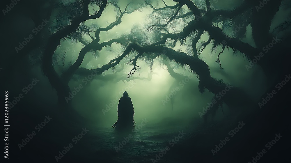 A hooded figure stands in a misty dark forest A hooded figure stands in a misty dark forest