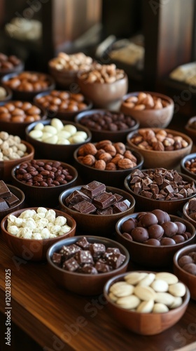 Assorted nuts and chocolates arranged in small bowls on wooden table for a de...