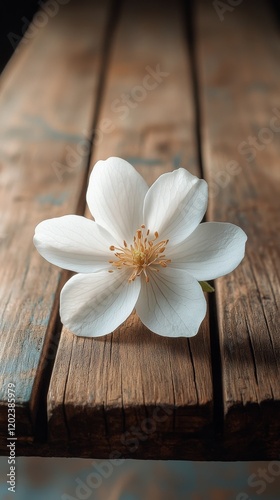 White flower resting on rustic wooden table in a cozy indoor setting during d...