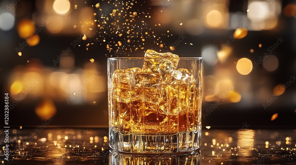 close up a glass of gold blend whisky with ice on table with bokeh light background close up a glass of gold blend whisky with ice on table with bokeh light background