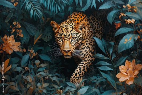 Majestic jaguar prowling through lush rainforest underbrush at dusk
