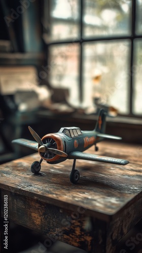 Model airplane displayed on wooden table in a sunlit room with decor and plants