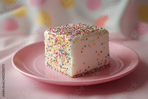 Delicious creamy cake topped with colorful sprinkles on a pink plate